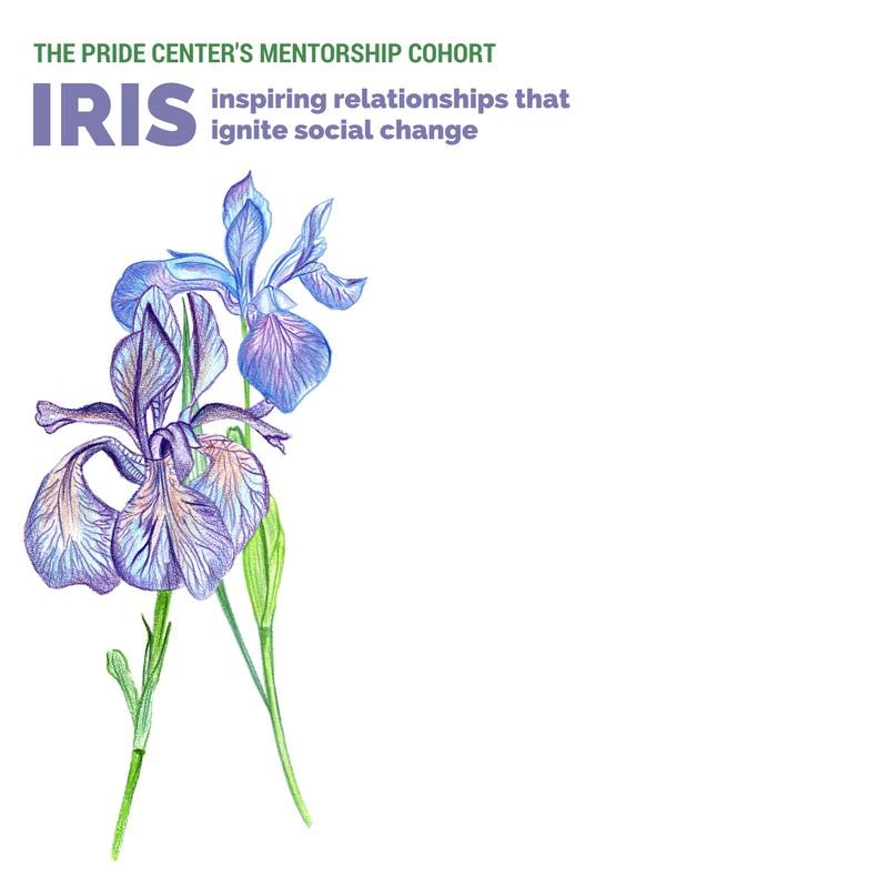 Logo of the Pride Center's Mentorship Cohort, Iris. The logo has an iris under the group name, which stands for "inspiring relationships that ignite social change"