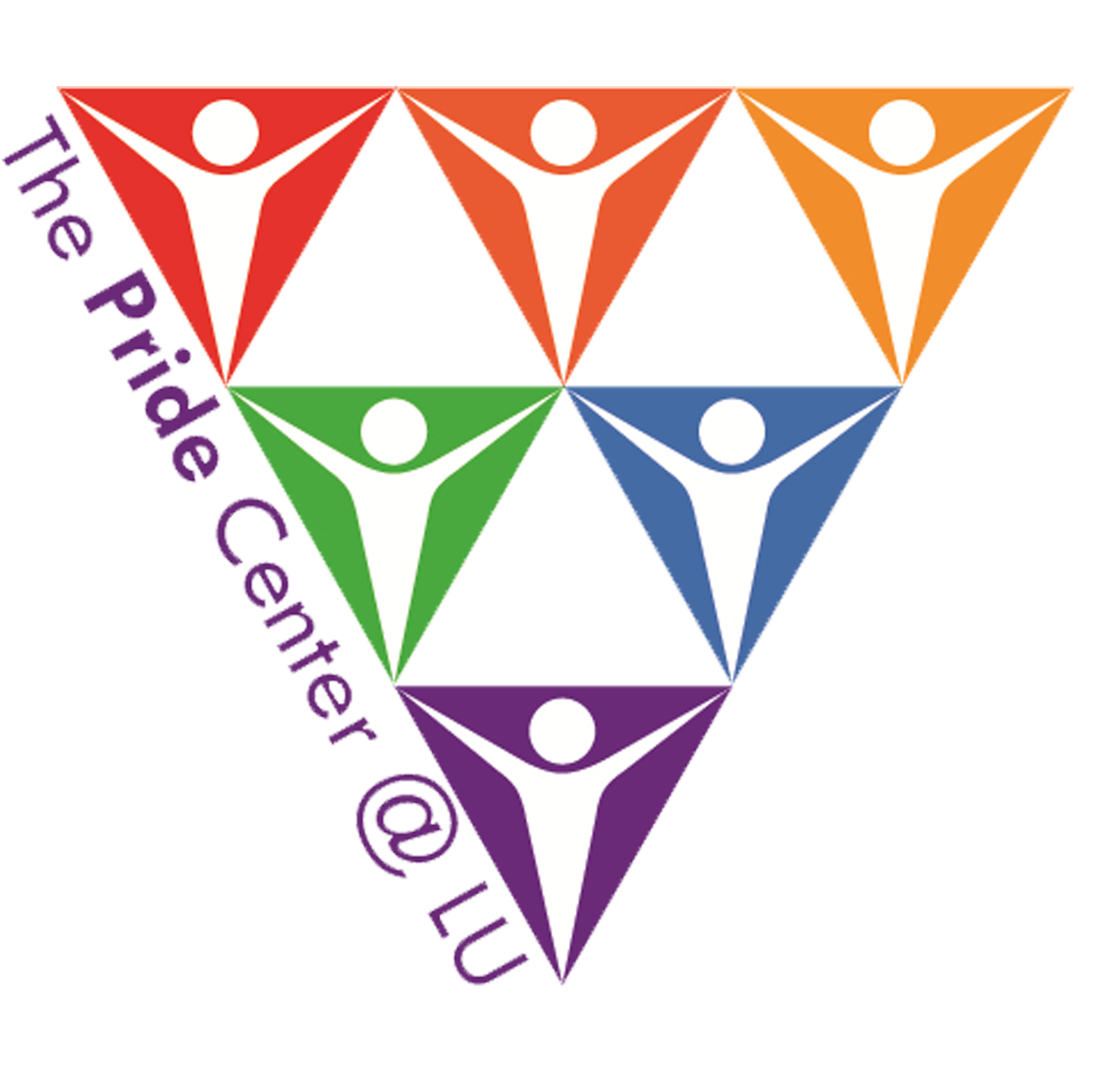 pride center triangle logo with rainbow colors and purple text reading the pride center at lu