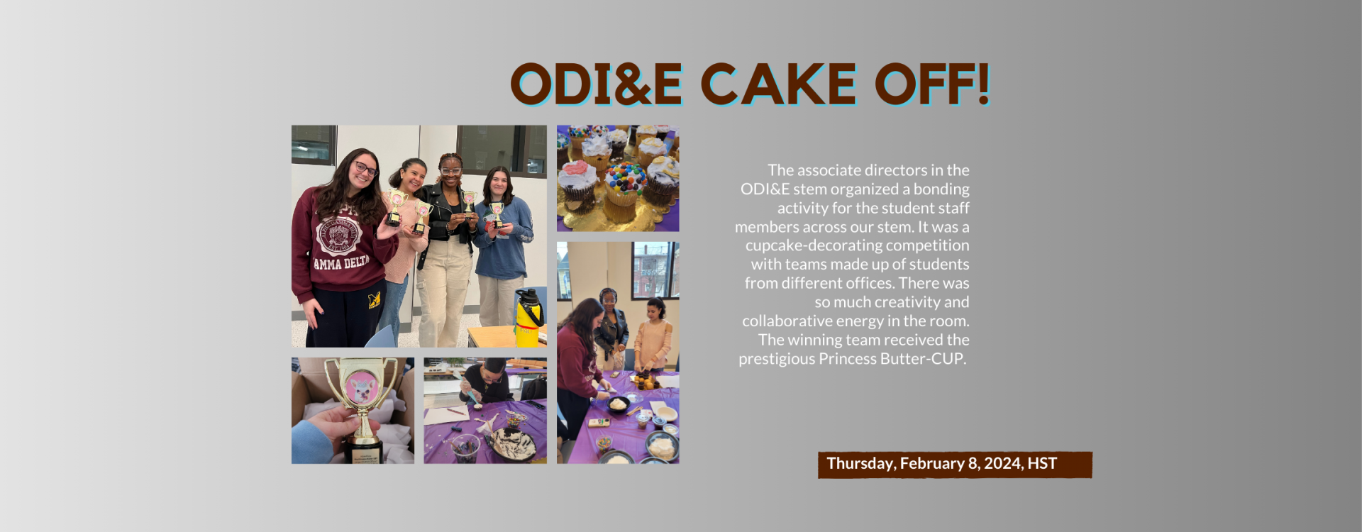 ODI&E Cake off!: The associate directors in the ODI&E stem organized a bonding activity for the student staff members across our stem. It was a cupcake-decorating competition with teams made up of students from different offices. There was so much creativity and collaborative energy in the room. The winning team received the prestigious Princess Butter-CUP. 